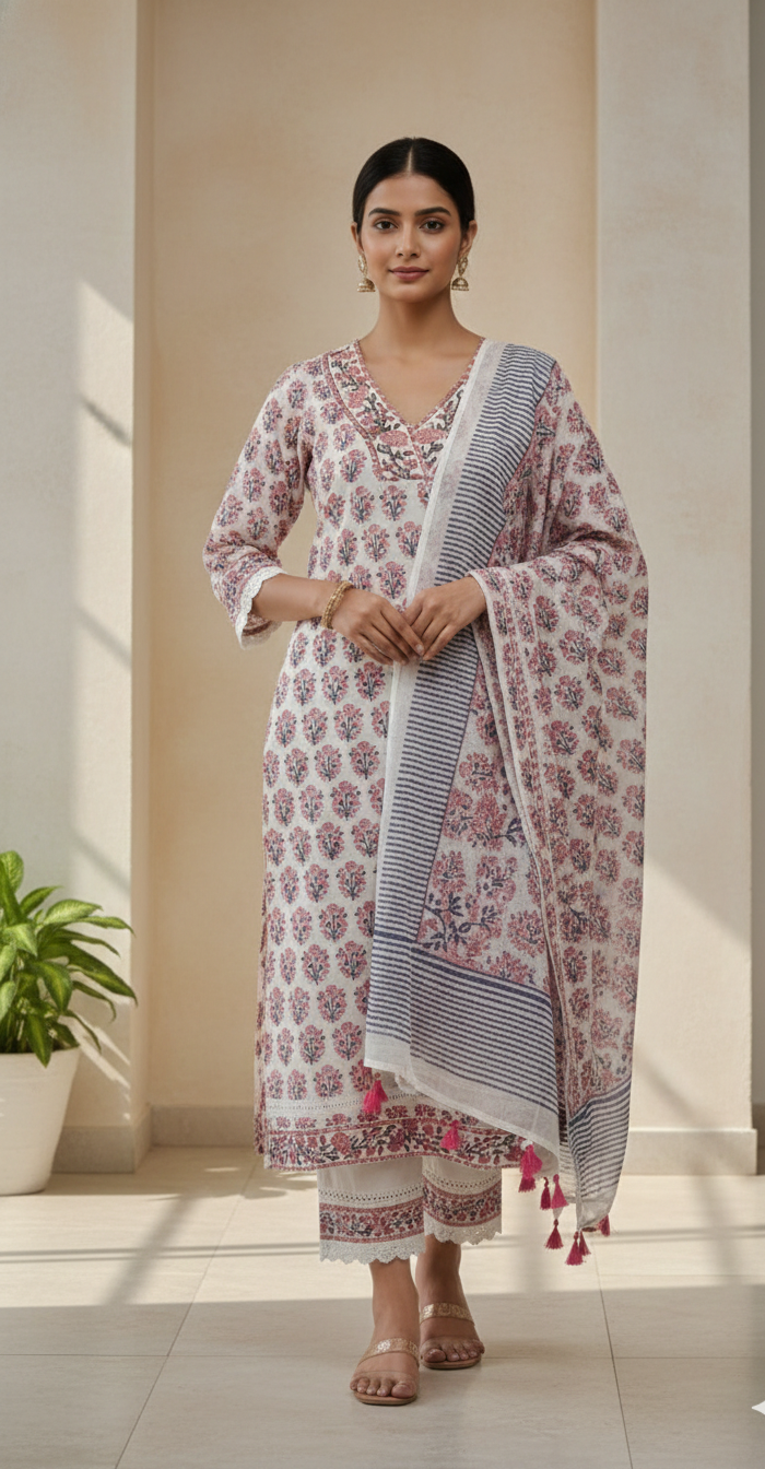 White and Pink laced self-design 3pc kurta set
