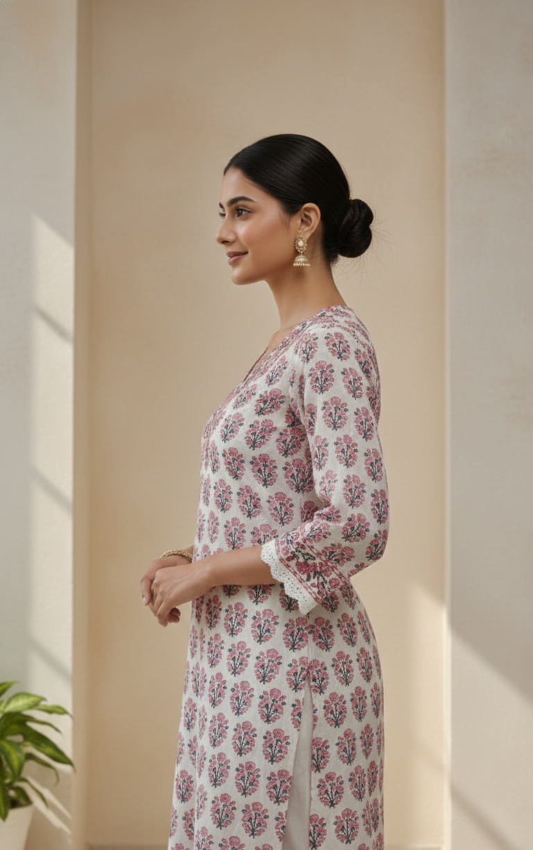 White and Pink laced self-design 3pc kurta set