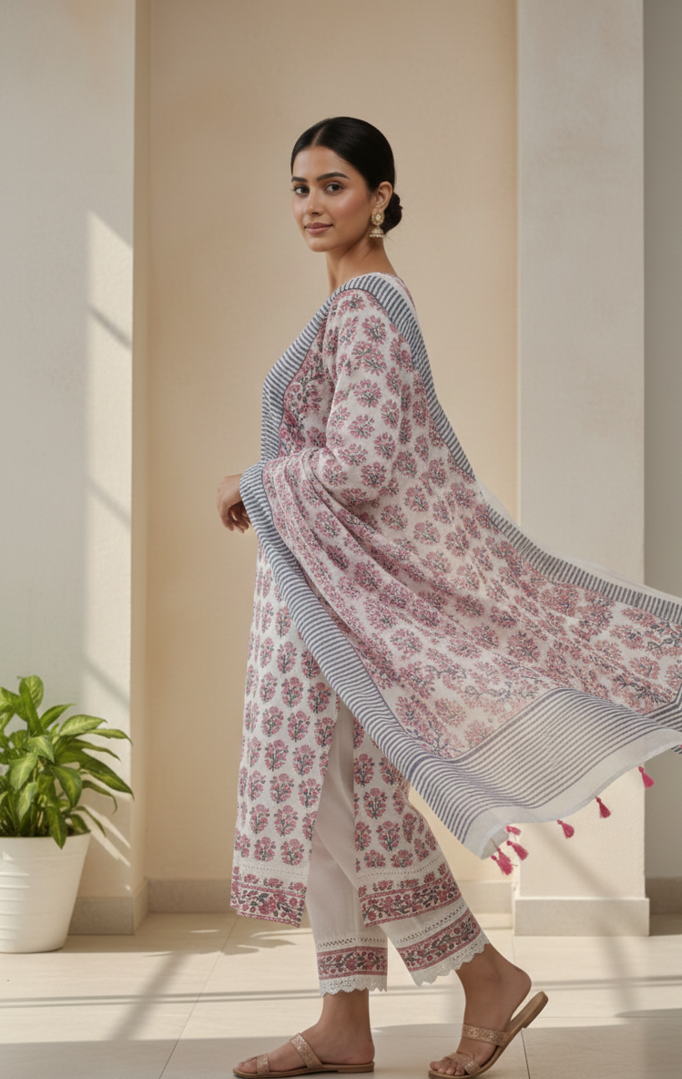 White and Pink laced self-design 3pc kurta set