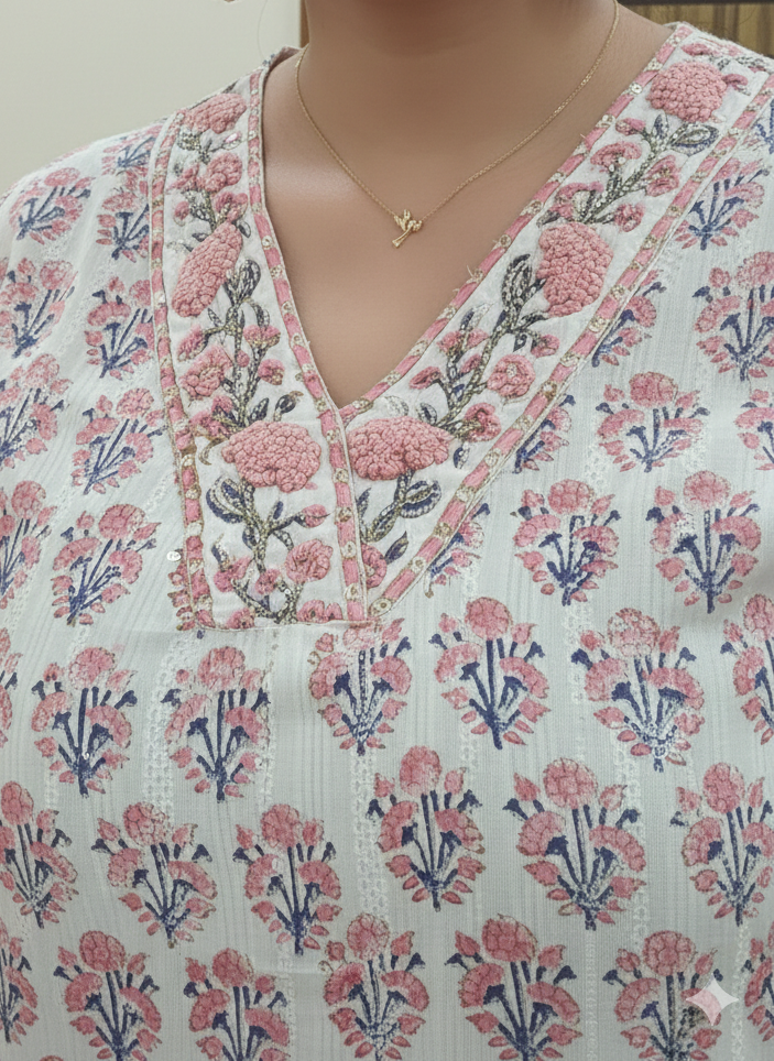 White and Pink laced self-design 3pc kurta set