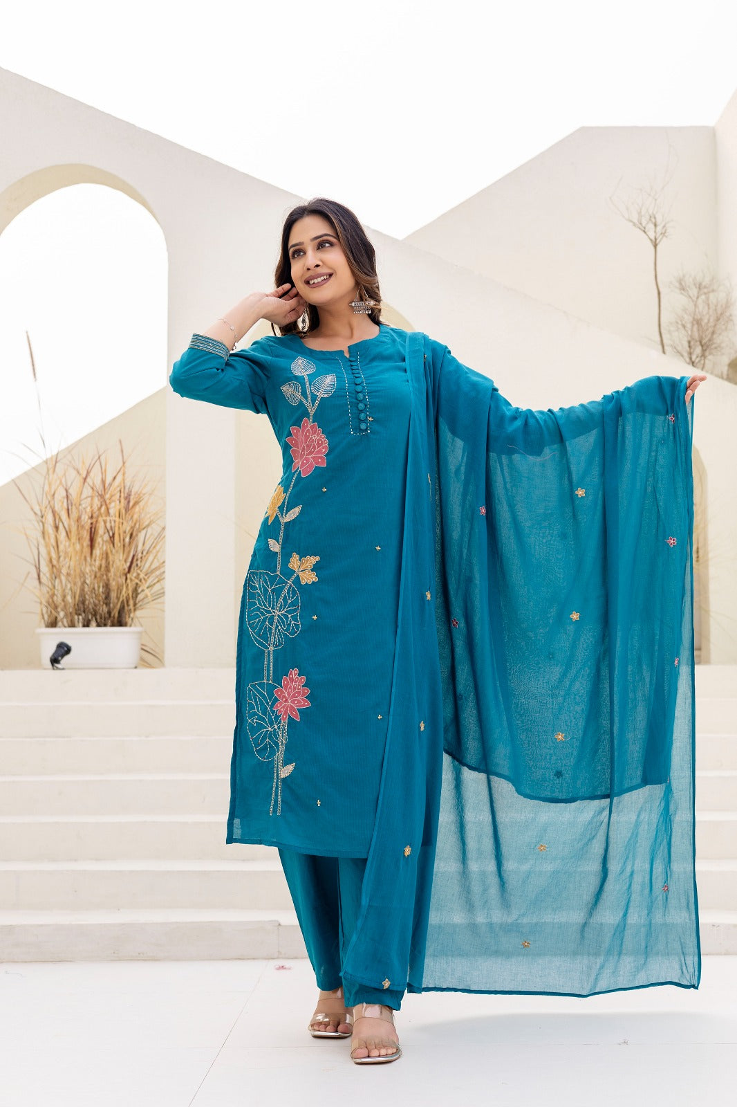 Teal Embroidered 3 pc kurta set