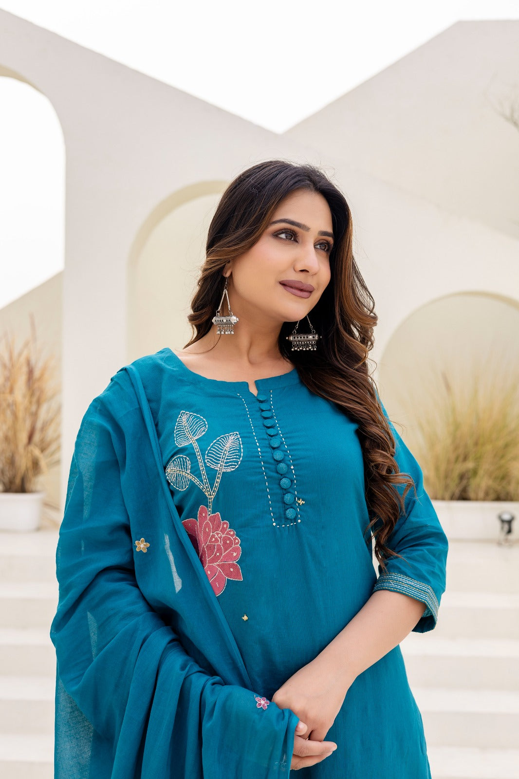Teal Embroidered 3 pc kurta set