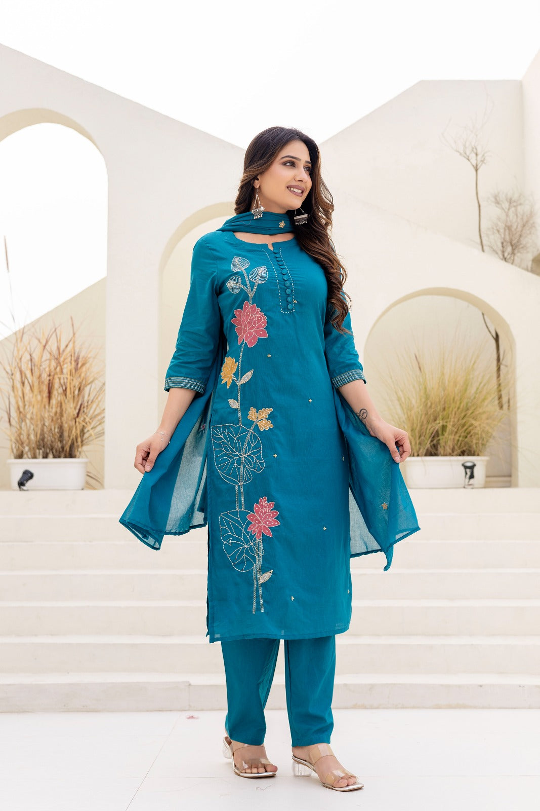Teal Embroidered 3 pc kurta set
