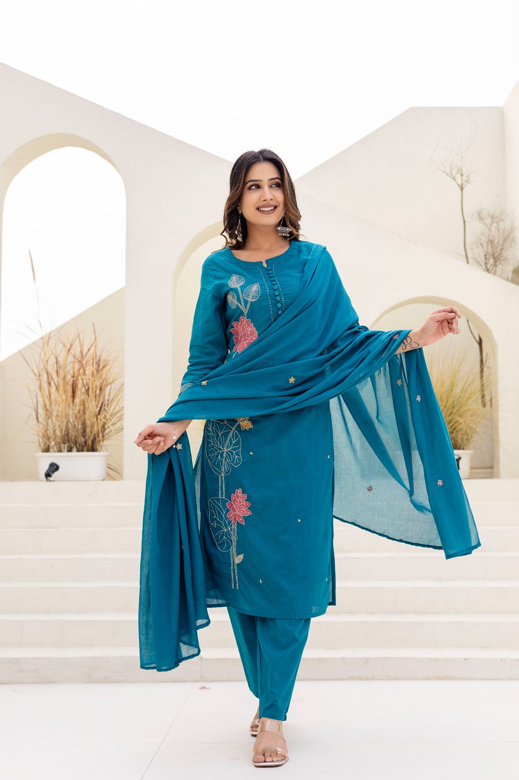 Teal Embroidered 3 pc kurta set